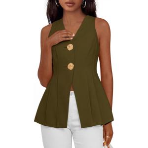 PRETTYGARDEN Womens Summer Sleeveless Blazer Vest Tops 2026 Trendy V Neck Button Down Business Casual Suit Vests Waistcoat(Army Green)