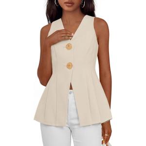 PRETTYGARDEN Womens Summer Sleeveless Blazer Vest Tops 2026 Trendy V Neck Button Down Business Casual Suit Vests Waistcoat(Beige)