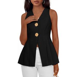 PRETTYGARDEN Womens Summer Sleeveless Blazer Vest Tops 2026 Trendy V Neck Button Down Business Casual Suit Vests Waistcoat(Black)