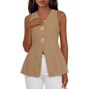 PRETTYGARDEN Womens Summer Sleeveless Blazer Vest Tops 2026 Trendy V Neck Button Down Business Casual Suit Vests Waistcoat(Khaki)