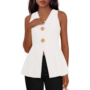 PRETTYGARDEN Womens Summer Sleeveless Blazer Vest Tops 2026 Trendy V Neck Button Down Business Casual Suit Vests Waistcoat(White)