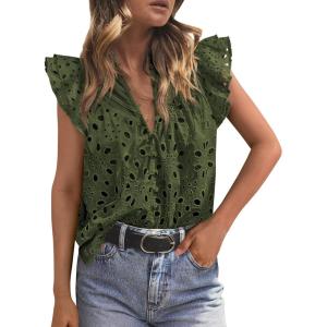 PRETTYGARDEN Womens Summer Tops 2026 Dressy Casual Ruffle Cap Sleeve Button V Neck Embroidered Eyelet Blouses Shirts(Army Green)