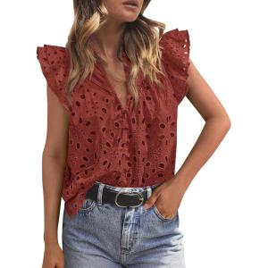 PRETTYGARDEN Womens Summer Tops 2026 Dressy Casual Ruffle Cap Sleeve Button V Neck Embroidered Eyelet Blouses Shirts(Brown Red)