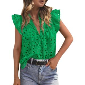 PRETTYGARDEN Womens Summer Tops 2026 Dressy Casual Ruffle Cap Sleeve Button V Neck Embroidered Eyelet Blouses Shirts(Green)