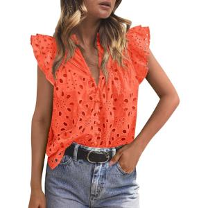 PRETTYGARDEN Womens Summer Tops 2026 Dressy Casual Ruffle Cap Sleeve Button V Neck Embroidered Eyelet Blouses Shirts(Orange)