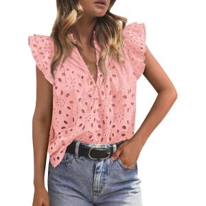 PRETTYGARDEN Womens Summer Tops 2026 Dressy Casual Ruffle Cap Sleeve Button V Neck Embroidered Eyelet Blouses Shirts(Pink)
