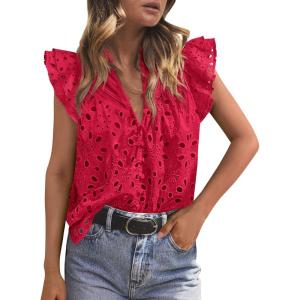 PRETTYGARDEN Womens Summer Tops 2026 Dressy Casual Ruffle Cap Sleeve Button V Neck Embroidered Eyelet Blouses Shirts(Red)