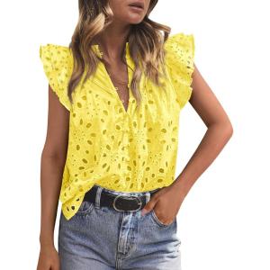PRETTYGARDEN Womens Summer Tops 2026 Dressy Casual Ruffle Cap Sleeve Button V Neck Embroidered Eyelet Blouses Shirts(Yellow)