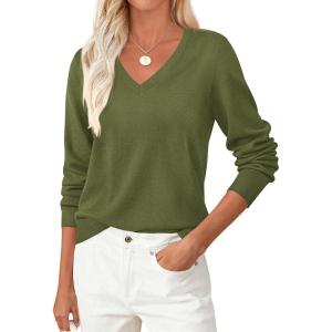 PRETTYGARDEN Women’s V Neck Sweaters 2026 Fall Casual Long Sleeve Classic Pullover Cozy Knit Tops Loose Basic Winter Clothing(Army Green)