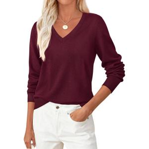 PRETTYGARDEN Women’s V Neck Sweaters 2026 Fall Casual Long Sleeve Classic Pullover Cozy Knit Tops Loose Basic Winter Clothing(Dark Red)