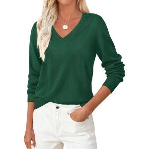 PRETTYGARDEN Women’s V Neck Sweaters 2026 Fall Casual Long Sleeve Classic Pullover Cozy Knit Tops Loose Basic Winter Clothing(Green)