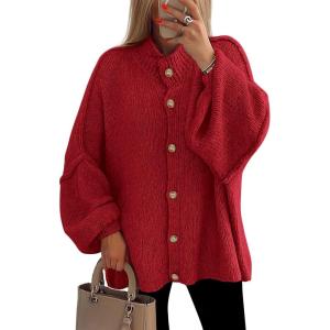 PRETTYGARDEN Women’s Winter Button Down Cardigan Sweaters Mock Neck Lantern Long Sleeve Chunky Knit Jacket Trendy Outerwear