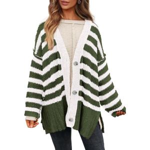 PRETTYGARDEN Women’s Winter Striped Cardigan Sweaters Long Sleeve Button Down Open Front Chunky Knit Oversized Sweater Coat(Striped Army Green White)