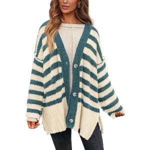 PRETTYGARDEN Women’s Winter Striped Cardigan Sweaters Long Sleeve Button Down Open Front Chunky Knit Oversized Sweater Coat(Striped Beige Blue Green)