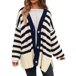 PRETTYGARDEN Women’s Winter Striped Cardigan Sweaters Long Sleeve Button Down Open Front Chunky Knit Oversized Sweater Coat(Striped Beige Navy)