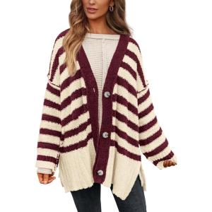 PRETTYGARDEN Women’s Winter Striped Cardigan Sweaters Long Sleeve Button Down Open Front Chunky Knit Oversized Sweater Coat(Striped Beige Wine Red)