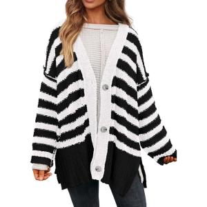 PRETTYGARDEN Women’s Winter Striped Cardigan Sweaters Long Sleeve Button Down Open Front Chunky Knit Oversized Sweater Coat(Striped Black White)