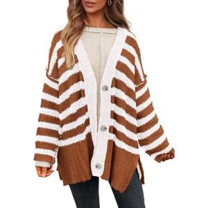 PRETTYGARDEN Women’s Winter Striped Cardigan Sweaters Long Sleeve Button Down Open Front Chunky Knit Oversized Sweater Coat(Striped Brown White)