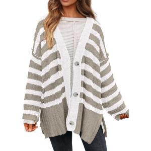 PRETTYGARDEN Women’s Winter Striped Cardigan Sweaters Long Sleeve Button Down Open Front Chunky Knit Oversized Sweater Coat(Striped Grey White)