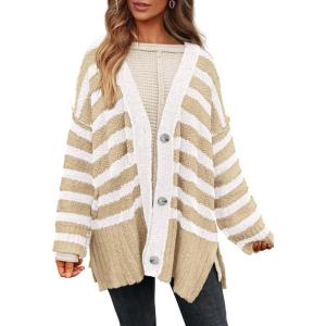 PRETTYGARDEN Women’s Winter Striped Cardigan Sweaters Long Sleeve Button Down Open Front Chunky Knit Oversized Sweater Coat(Striped Khaki White)