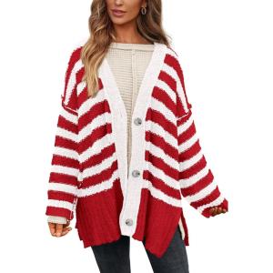 PRETTYGARDEN Women’s Winter Striped Cardigan Sweaters Long Sleeve Button Down Open Front Chunky Knit Oversized Sweater Coat(Striped Red White)