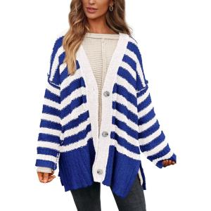PRETTYGARDEN Women’s Winter Striped Cardigan Sweaters Long Sleeve Button Down Open Front Chunky Knit Oversized Sweater Coat(Striped Royal Blue White)