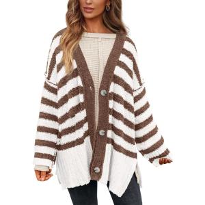 PRETTYGARDEN Women’s Winter Striped Cardigan Sweaters Long Sleeve Button Down Open Front Chunky Knit Oversized Sweater Coat(Striped White Coffee)