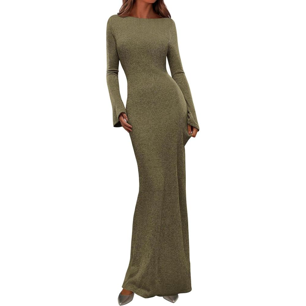 imagePRETTYGARDEN Womens Fall Fashion 2026 Long Sleeve Maxi Dress Ribbed Knit Boat Neck Bodycon Casual Dresses Going Out OutfitsArmy Green