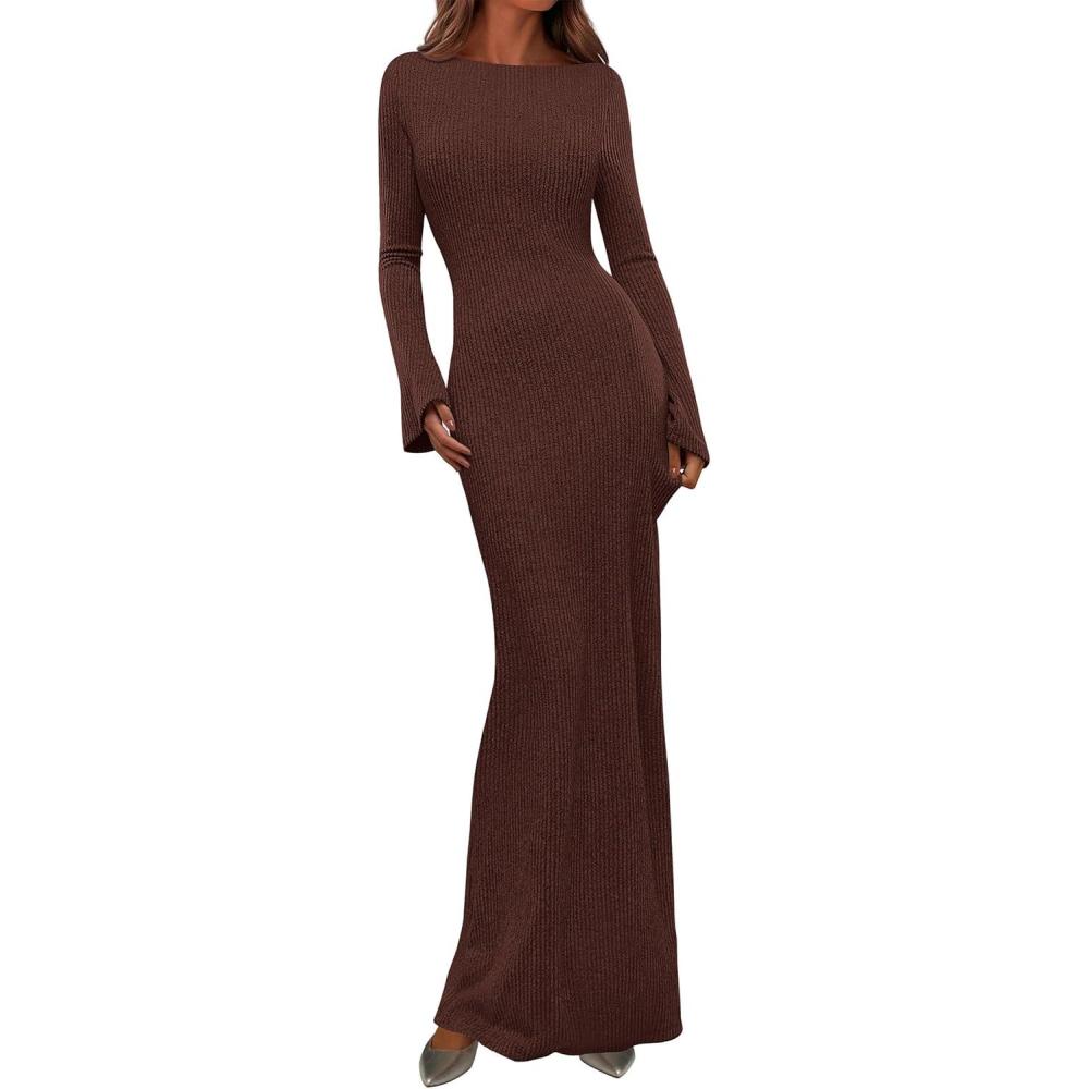imagePRETTYGARDEN Womens Fall Fashion 2026 Long Sleeve Maxi Dress Ribbed Knit Boat Neck Bodycon Casual Dresses Going Out OutfitsCoffee