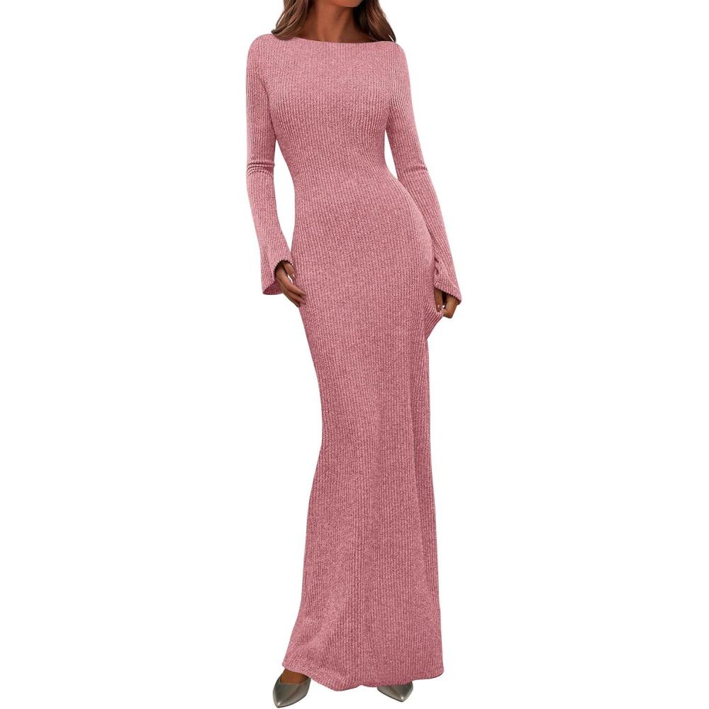 imagePRETTYGARDEN Womens Fall Fashion 2026 Long Sleeve Maxi Dress Ribbed Knit Boat Neck Bodycon Casual Dresses Going Out OutfitsPink