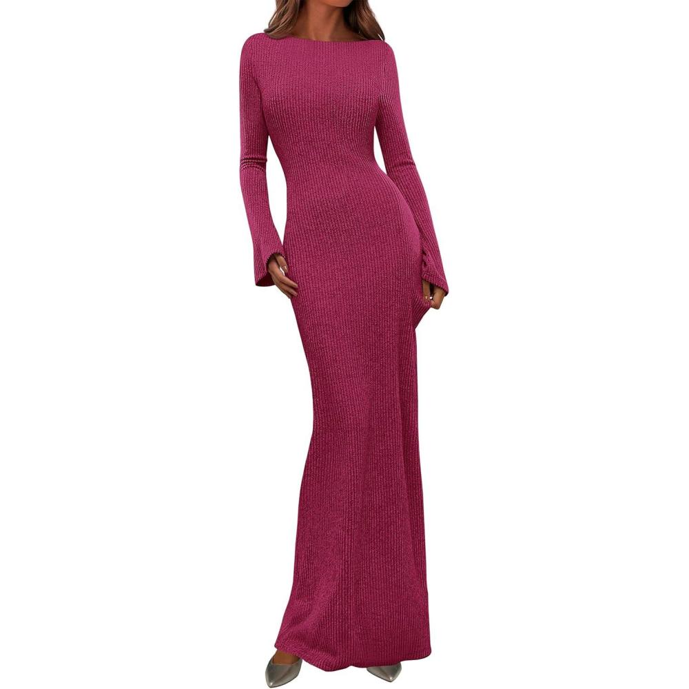imagePRETTYGARDEN Womens Fall Fashion 2026 Long Sleeve Maxi Dress Ribbed Knit Boat Neck Bodycon Casual Dresses Going Out OutfitsRose Red