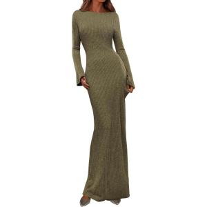 PRETTYGARDEN Women’s Fall Fashion 2026 Long Sleeve Maxi Dress Ribbed Knit Boat Neck Bodycon Casual Dresses Going Out Outfits(Army Green)