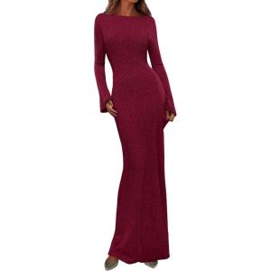 PRETTYGARDEN Women’s Fall Fashion 2026 Long Sleeve Maxi Dress Ribbed Knit Boat Neck Bodycon Casual Dresses Going Out Outfits(Burgundy)