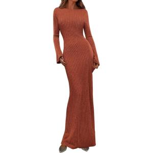 PRETTYGARDEN Women’s Fall Fashion 2026 Long Sleeve Maxi Dress Ribbed Knit Boat Neck Bodycon Casual Dresses Going Out Outfits(Burnt Orange)