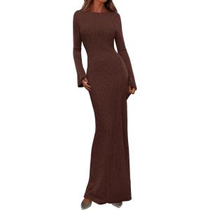 PRETTYGARDEN Women’s Fall Fashion 2026 Long Sleeve Maxi Dress Ribbed Knit Boat Neck Bodycon Casual Dresses Going Out Outfits(Coffee)