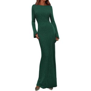 PRETTYGARDEN Women’s Fall Fashion 2026 Long Sleeve Maxi Dress Ribbed Knit Boat Neck Bodycon Casual Dresses Going Out Outfits(Dark Green)