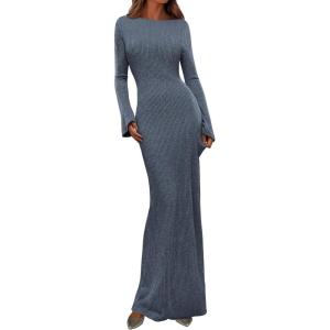 PRETTYGARDEN Women’s Fall Fashion 2026 Long Sleeve Maxi Dress Ribbed Knit Boat Neck Bodycon Casual Dresses Going Out Outfits(Dusty Blue)