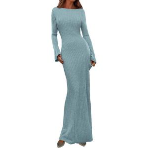 PRETTYGARDEN Women’s Fall Fashion 2026 Long Sleeve Maxi Dress Ribbed Knit Boat Neck Bodycon Casual Dresses Going Out Outfits(Light Blue)