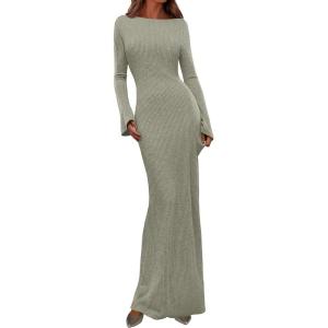 PRETTYGARDEN Women’s Fall Fashion 2026 Long Sleeve Maxi Dress Ribbed Knit Boat Neck Bodycon Casual Dresses Going Out Outfits(Light Green)