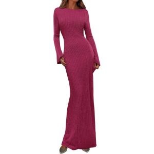 PRETTYGARDEN Women’s Fall Fashion 2026 Long Sleeve Maxi Dress Ribbed Knit Boat Neck Bodycon Casual Dresses Going Out Outfits(Rose Red)