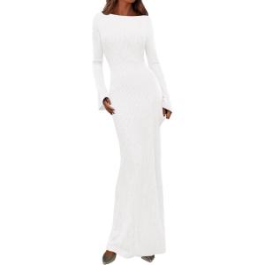 PRETTYGARDEN Women’s Fall Fashion 2026 Long Sleeve Maxi Dress Ribbed Knit Boat Neck Bodycon Casual Dresses Going Out Outfits(White)