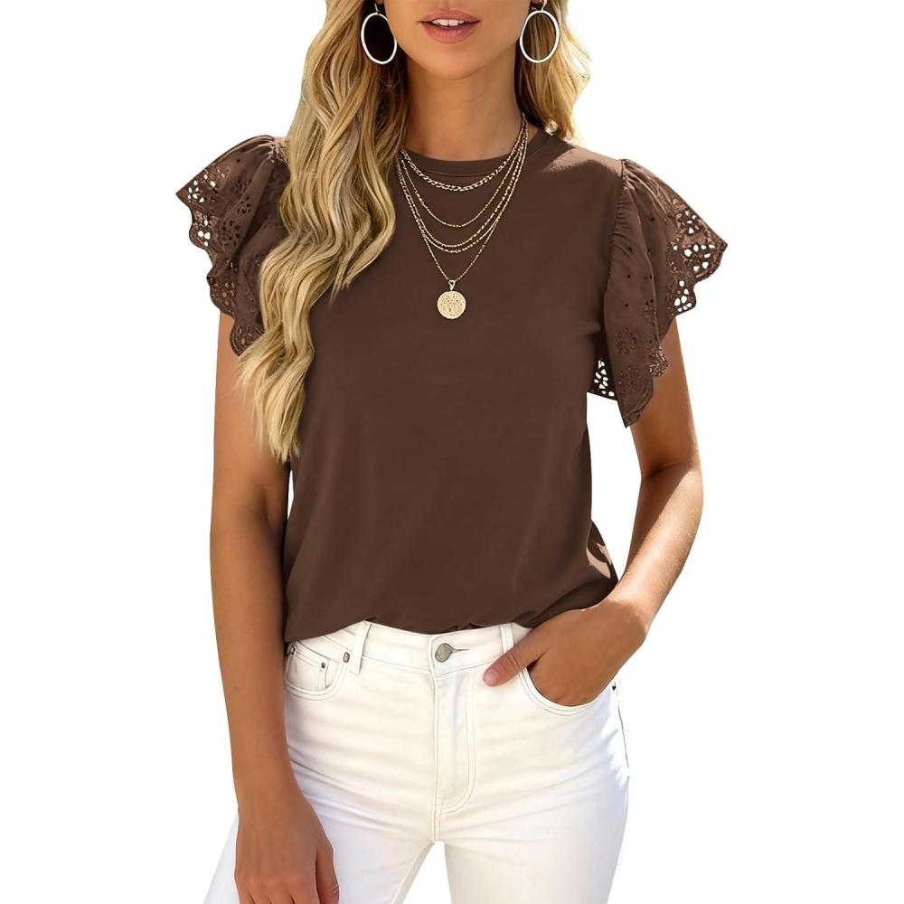 imagePRETTYGARDEN Womens Tops Dressy Casual Hollow Out Short Sleeve Summer Basic Tees 2026 Crewneck T Shirts Trendy Work BlouseBrown