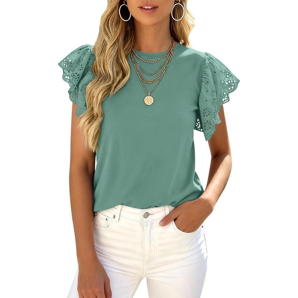 imagePRETTYGARDEN Womens Tops Dressy Casual Hollow Out Short Sleeve Summer Basic Tees 2026 Crewneck T Shirts Trendy Work BlouseGreen