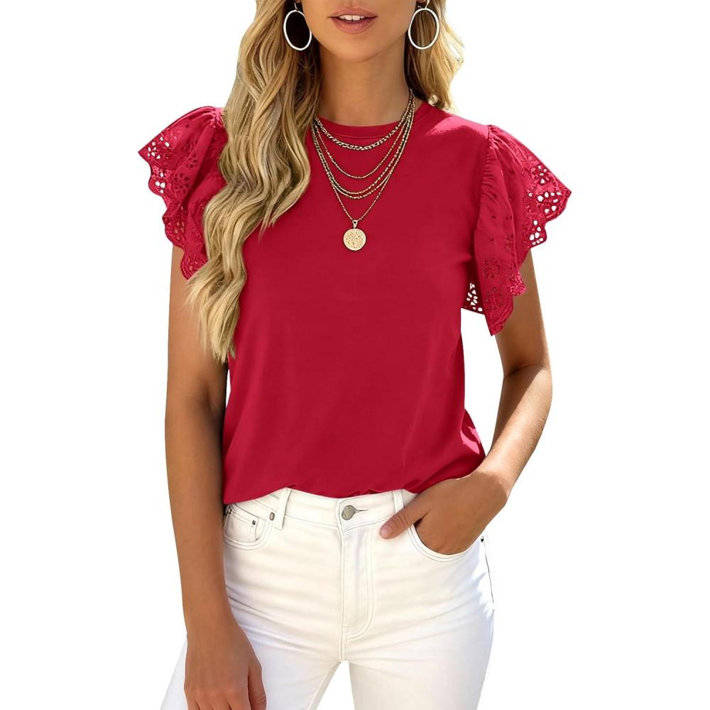 imagePRETTYGARDEN Womens Tops Dressy Casual Hollow Out Short Sleeve Summer Basic Tees 2026 Crewneck T Shirts Trendy Work BlouseRed