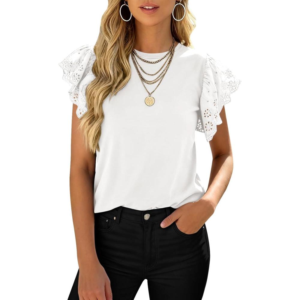 imagePRETTYGARDEN Womens Tops Dressy Casual Hollow Out Short Sleeve Summer Basic Tees 2026 Crewneck T Shirts Trendy Work BlouseWhite