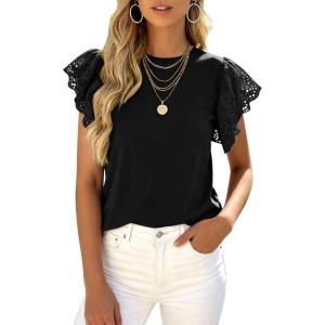 PRETTYGARDEN Womens Tops Dressy Casual Hollow Out Short Sleeve Summer Basic Tees 2026 Crewneck T Shirts Trendy Work Blouse(Black)