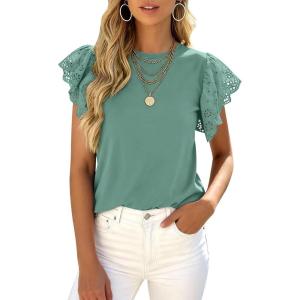 PRETTYGARDEN Womens Tops Dressy Casual Hollow Out Short Sleeve Summer Basic Tees 2026 Crewneck T Shirts Trendy Work Blouse(Green)