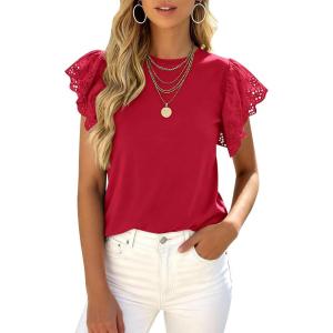 PRETTYGARDEN Womens Tops Dressy Casual Hollow Out Short Sleeve Summer Basic Tees 2026 Crewneck T Shirts Trendy Work Blouse(Red)