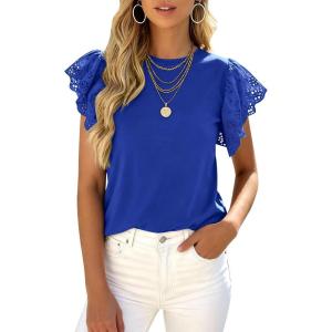 PRETTYGARDEN Womens Tops Dressy Casual Hollow Out Short Sleeve Summer Basic Tees 2026 Crewneck T Shirts Trendy Work Blouse(Royal Blue)
