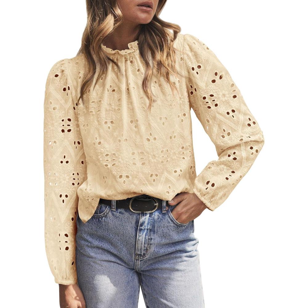 imagePRETTYGARDEN Tops for Women 2026 Spring Long Sleeve Blouses Dressy Casual Embroidered Eyelet Shirts Fall Going Out OutfitsBeige Yellow